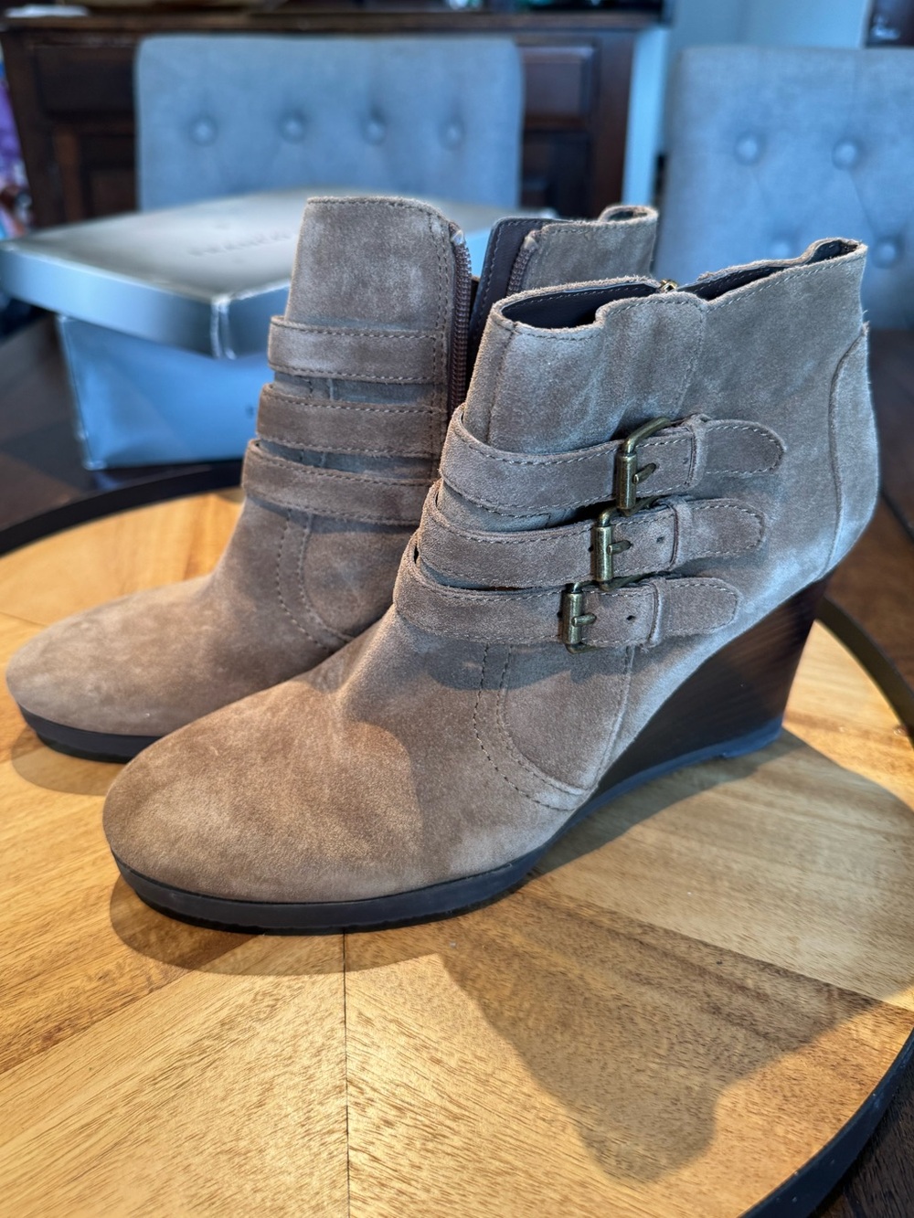 Taupe Suede Wedge Ankle Boots with Buckle Straps